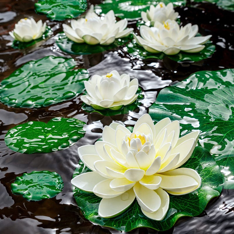 FFNIU Lily Pad for Ponds, 9 PCS Artificial Lotus, Realistic Water Floating Foam Lotuses Fake Lily Pad for Home Garden Patio Pond - Image 1
